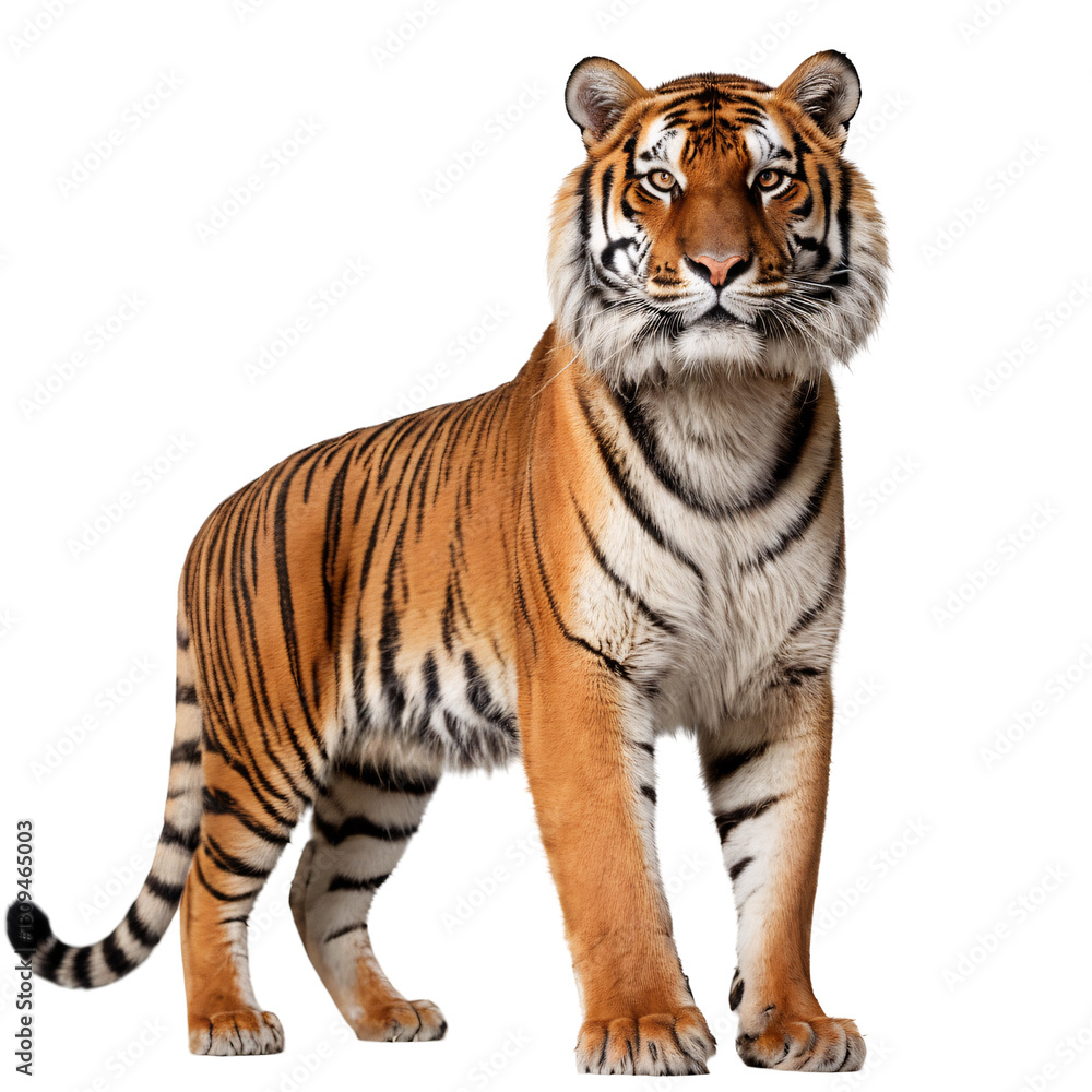 Fototapeta premium Majestic Full-Body Tiger Portrait with Striking Stripes, Piercing Yellow Eyes, Powerful Stance, Detailed Fur, High Contrast, Studio Lighting, White Background, Realistic 4K Wildlife PNG