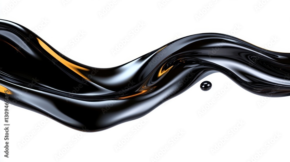 Obraz premium Abstract image of a flowing black liquid with golden highlights against a white background. The liquid forms a dynamic wave like shape.
