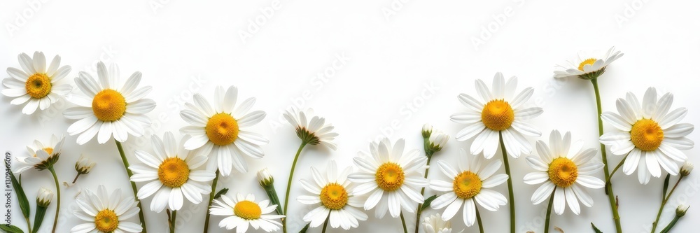 Obraz premium Delicate chamomile blooms arranged in artful collage on pure white , soft, green