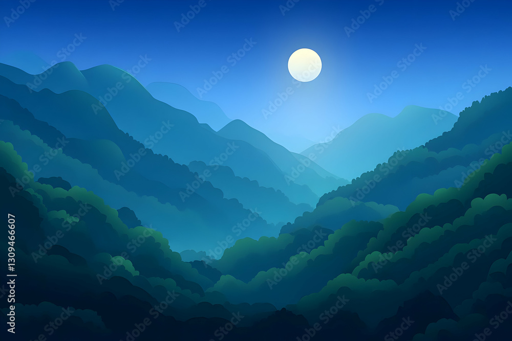 Serene Mountain Illustration, Moonlit Landscape Serene Mountain Illustration, Moonlit Landscape