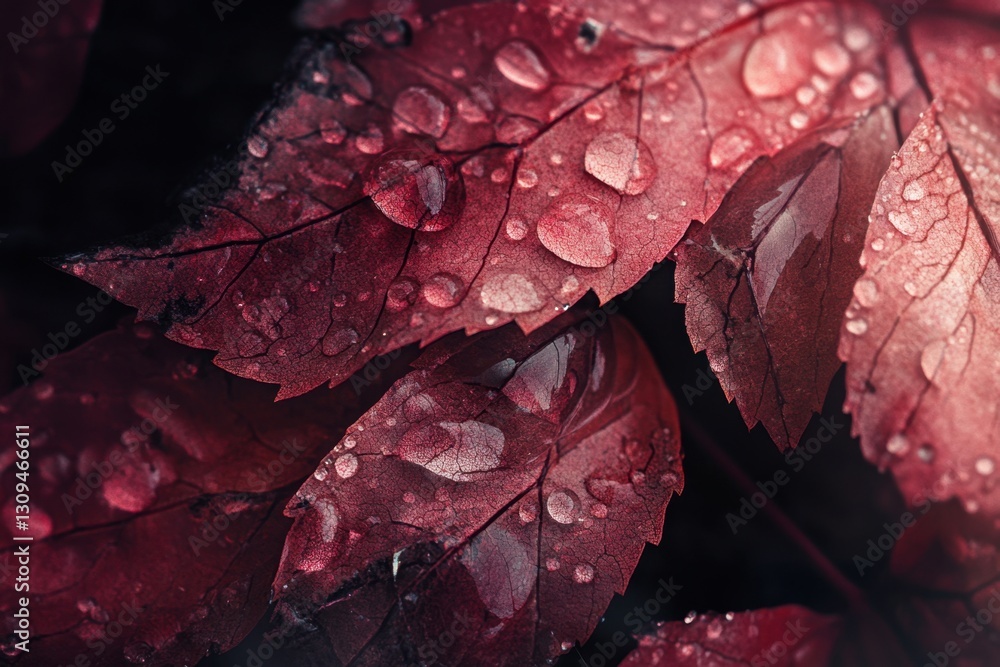 Fototapeta premium Rain-drenched autumn leaves close-up, droplets acting as tiny magnifying lenses showing leaf veins