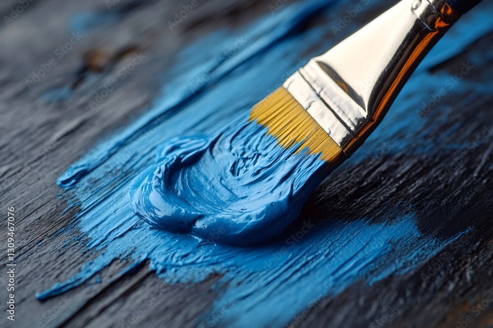 Fototapeta premium Blue paint brushing across aged wooden texture, highlighting artistic creativity and rich color palette