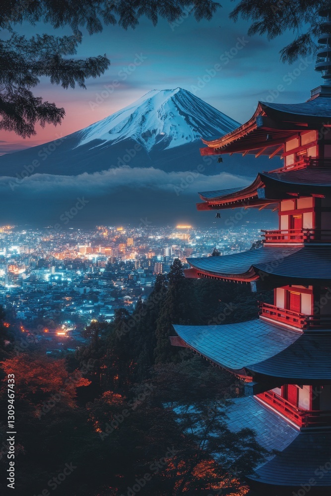 Sacred Japanese shrine with a clear view of Mount Fuji at night, glowing city lights below, mystical mood
