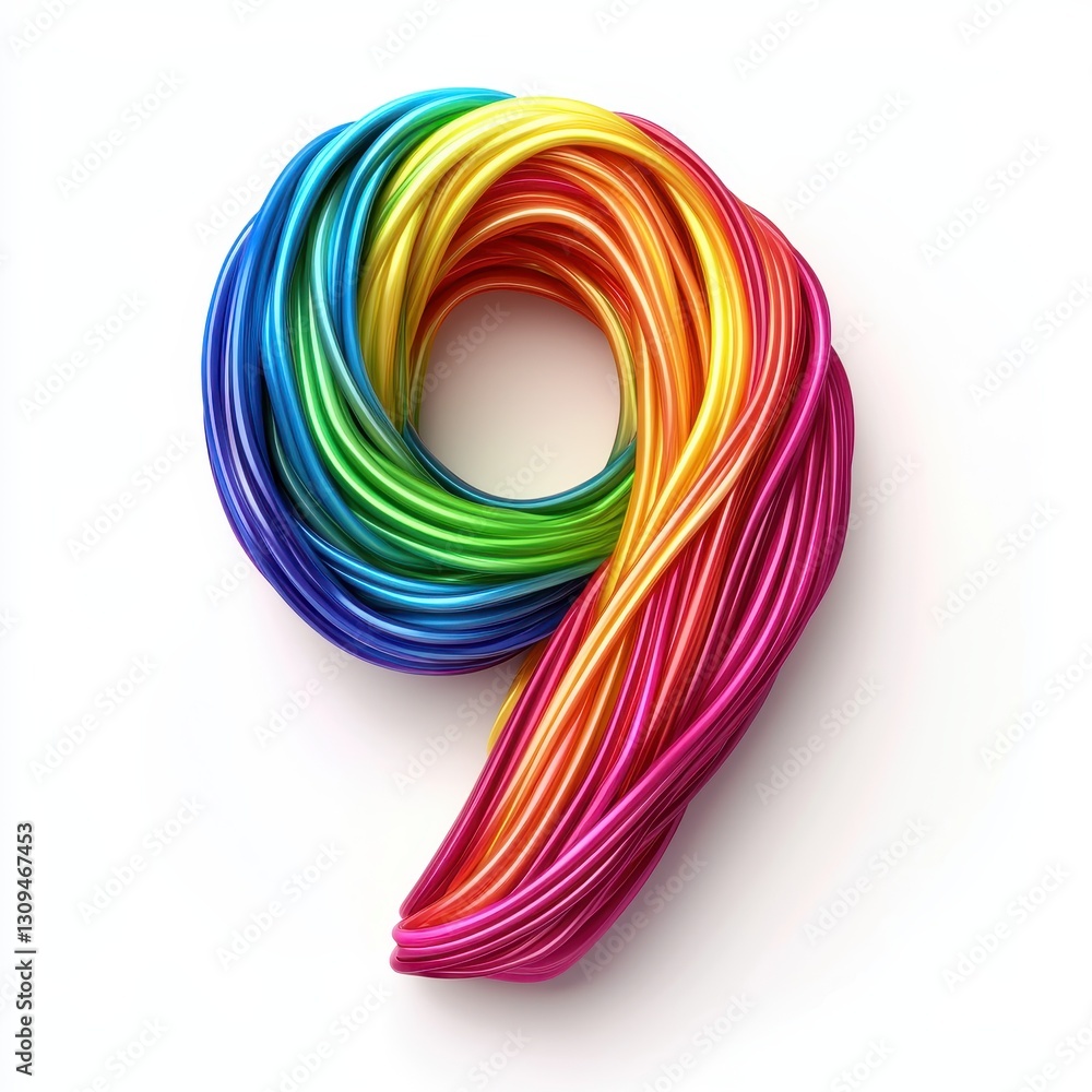 Of the number 9 made of rainbow-colored spaghetti strands with a glossy texture and soft curves, isolated on a clean white background Of the number 9 made of rainbow-colored spaghetti strands with a glossy texture and soft curves, isolated on a clean white background