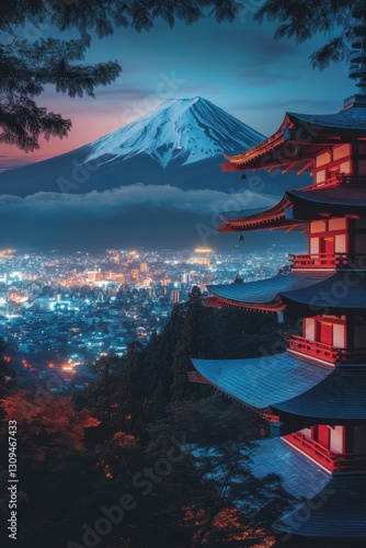 Obraz na płótnie Sacred Japanese shrine with a clear view of Mount Fuji at night, glowing city lights below, mystical mood w salonie