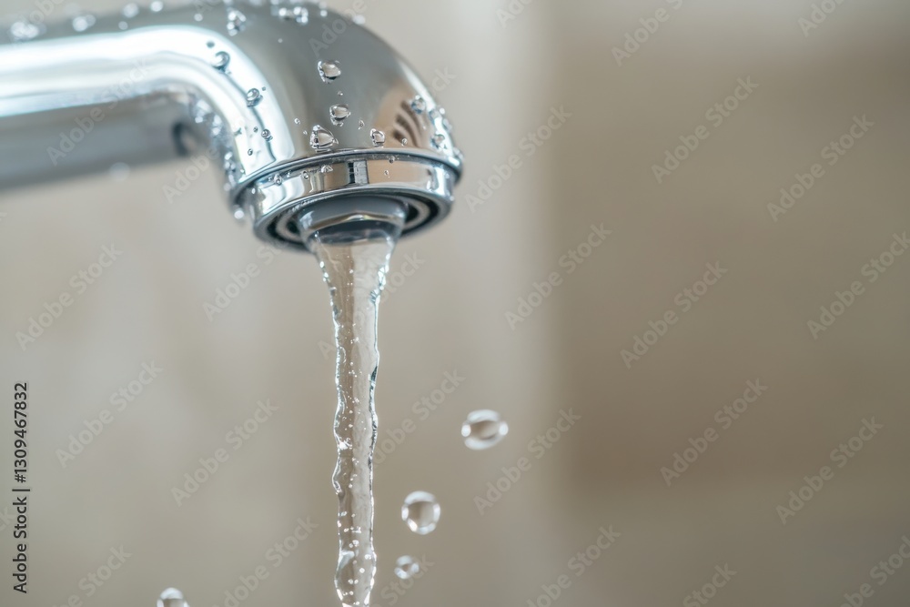 Close-Up of Shiny Faucet with Water Flowing and Bubbles in Air Close-Up of Shiny Faucet with Water Flowing and Bubbles in Air