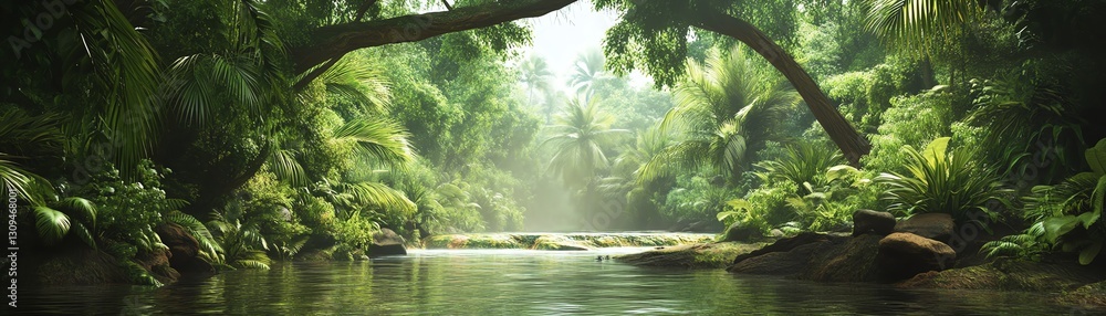 Lush jungle with serene water flow, sunlight streaming through trees. Lush jungle with serene water flow, sunlight streaming through trees.