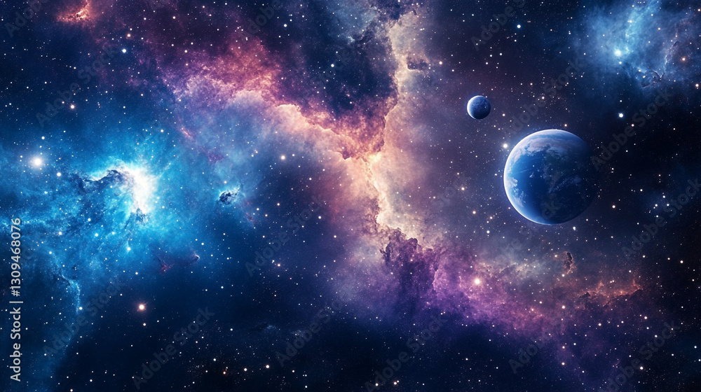 Stunning cosmic nebula with planets and distant stars in a vibrant galaxy sky art blue pink dark Stunning cosmic nebula with planets and distant stars in a vibrant galaxy sky art blue pink dark