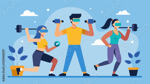 The virtual trainers modeled after famous fitness icons lead participants through a challenging series of exercises and strength training routines. Vector illustration