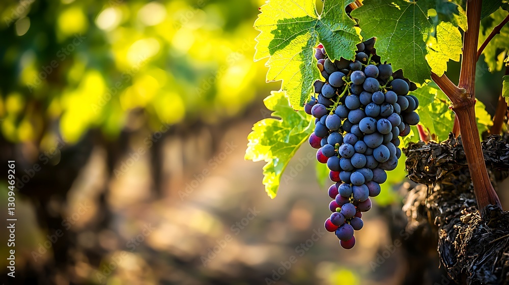 Naklejka premium A cluster of ripe red grapes hanging from a vine
