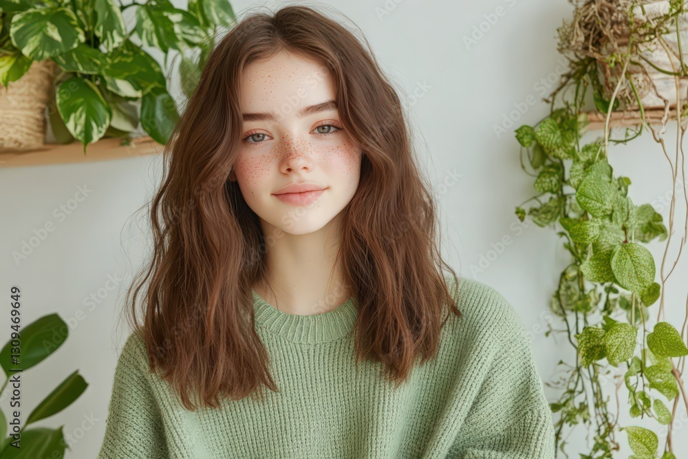 Portrait of a Young Woman with Freckles Smiling Amidst Lush Indoor Plants Portrait of a Young Woman with Freckles Smiling Amidst Lush Indoor Plants