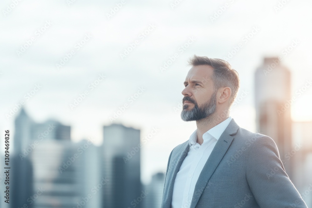 confident sales professional stands against blurred urban backdrop confident sales professional stands against blurred urban backdrop