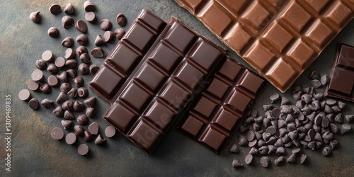Top view of a neatly arranged group of chocolate bars and chocolate chips on a rustic stone surface