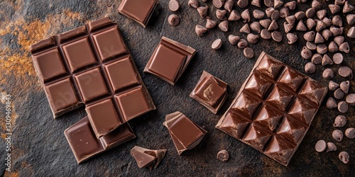 Top view of a neatly arranged group of chocolate bars and chocolate chips on a rustic stone surface