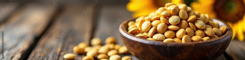 Fototapeta premium Handful of dried sunflower seeds, rustic wooden bowl, vegetarian, wooden