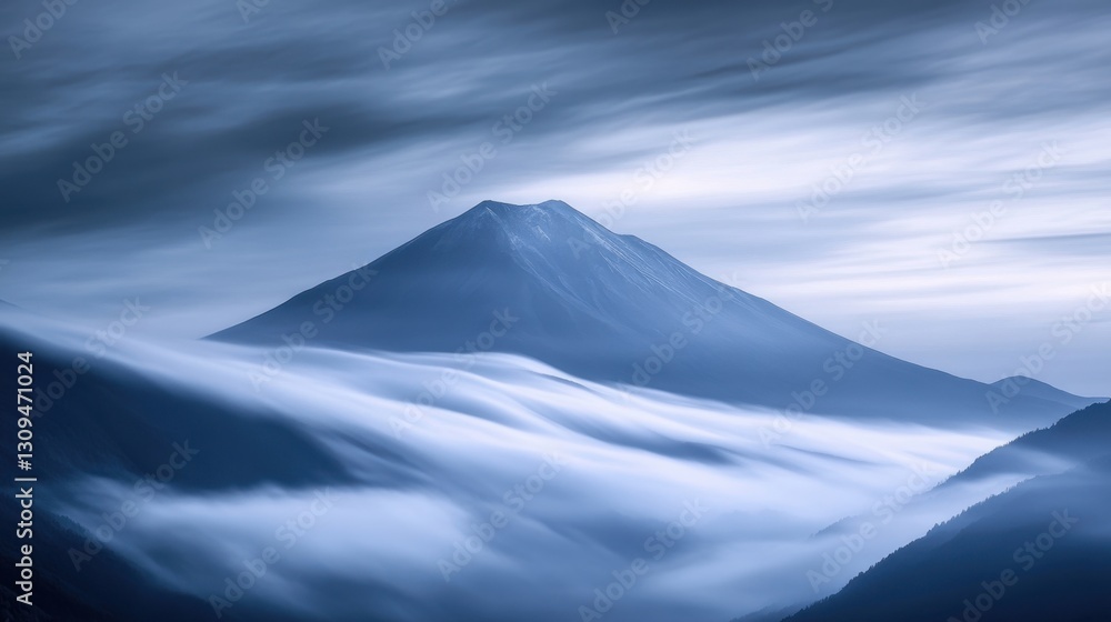 Ultra-long exposure of Mount Fuji, silky smooth clouds, dramatic night sky, fine art photography Ultra-long exposure of Mount Fuji, silky smooth clouds, dramatic night sky, fine art photography