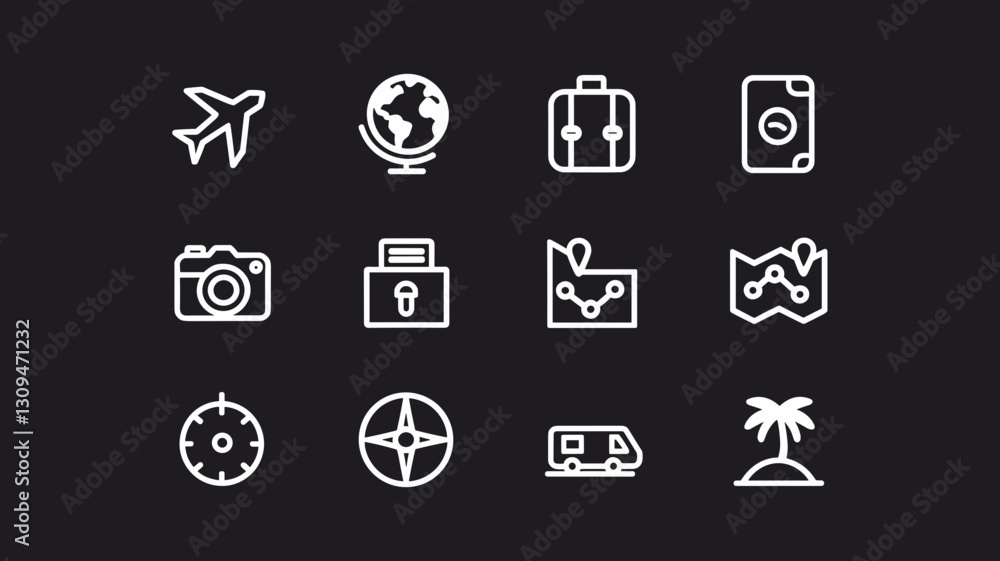 Travel Vector Icon Set for Adventure, Journey Planning, and Vacation Essentials – Airplane, Globe, Camera, Map, Compass, Suitcase, and More Travel Vector Icon Set for Adventure, Journey Planning, and Vacation Essentials – Airplane, Globe, Camera, Map, Compass, Suitcase, and More