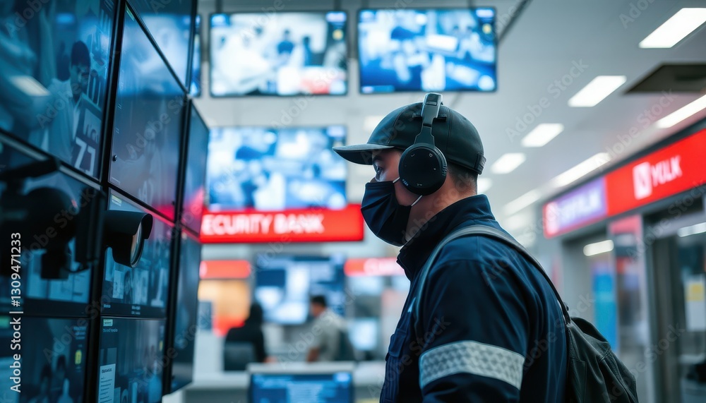 Fototapeta premium Security monitor operator overseeing surveillance footage in modern bank indoor environment professional setting