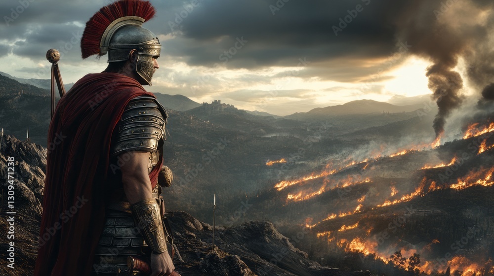 Naklejka premium Centurion Centurion Hill Scene Planted Burning Sword