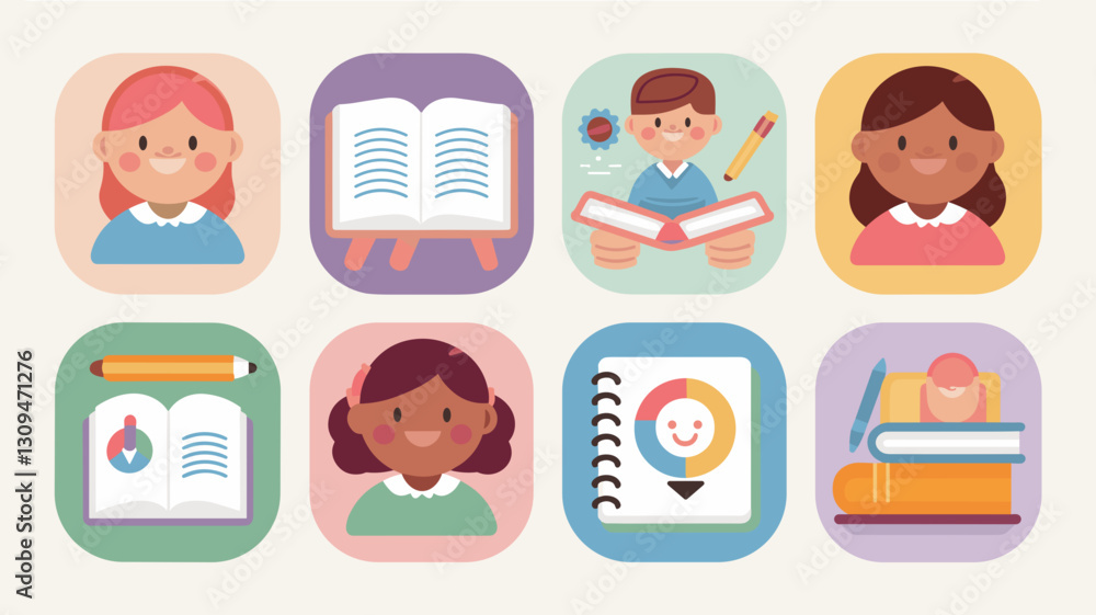 Vector Icon Set for Education, Learning, and School Themes - Cute Characters, Books, Notebooks, and School Supplies for Creative Projects Vector Icon Set for Education, Learning, and School Themes - Cute Characters, Books, Notebooks, and School Supplies for Creative Projects