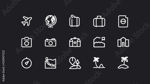 Travel Vector Icon Set Featuring Airplane, Globe, Camera, Luggage, Compass, and Beach Symbols for Adventure and Vacation Themes