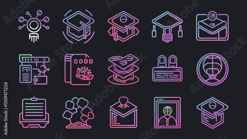 Graduation Vector Icon Set: Educational Symbols, Cap, Diploma, Study, Online Learning, Achievement Icons for School and College Graphics