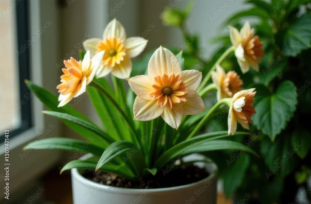 Vibrant orange and cream flowers bloom in indoor pot amidst greenery Vibrant orange and cream flowers bloom in indoor pot amidst greenery