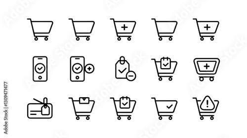 Vector Icon Set for E-commerce: Shopping Cart, Mobile Payment, Product Tag, and Cart Alerts - Perfect for Web and App Design