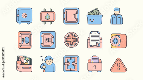 Vector Icon Set of Security, Safe, Bank, Money, and Protection Symbols for Financial and Business Use in Web and Graphic Design