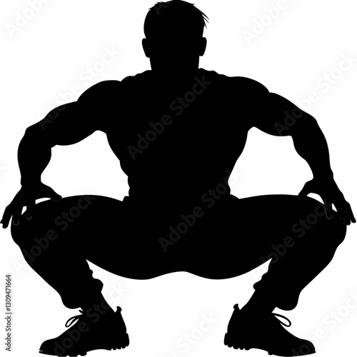 Silhouette of muscular man performing a squat exercise, dynamic pose, fitness training concept,