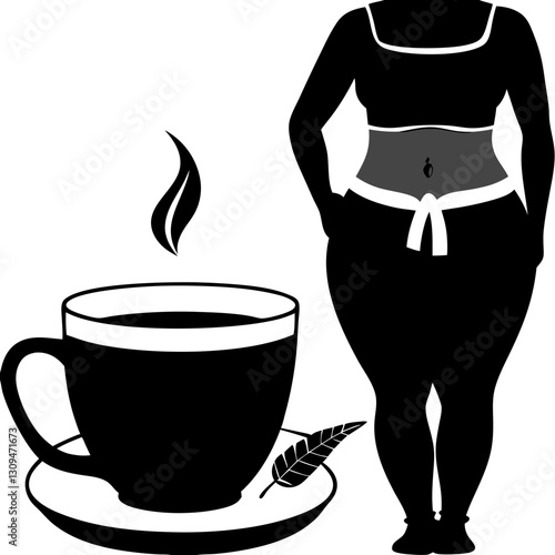 Silhouette of curvy woman beside a cup of tea, wellness and weight management concept
