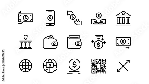 Finance Vector Icon Set for Payment, Banking, Currency, and Digital Wallets - Modern Money Management Symbols for Business and E-commerce