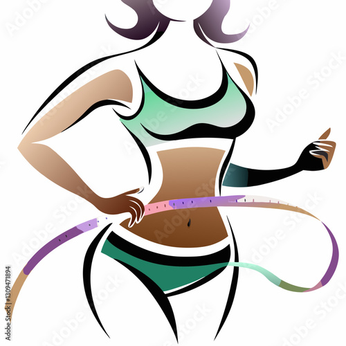 Stylized illustration of a woman measuring her waist with a tape measure
