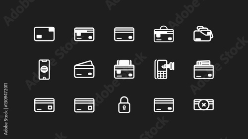 Vector Icon Set for Payment Methods, Credit Cards, Digital Wallets, and Security Symbols for Financial Apps and Websites