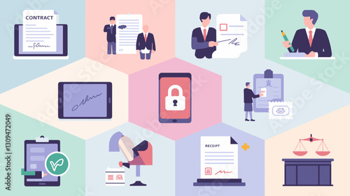 Contract Icons Vector Set for Business, Legal, and Document Management - Seals, Signatures, Security, and Notary Illustrations