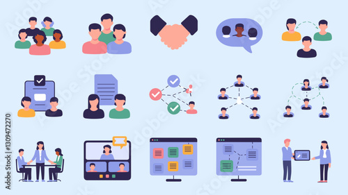 Vector Icon Set for Teamwork, Collaboration, Networking, Communication, and Remote Work - Perfect for Business and Professional Presentations
