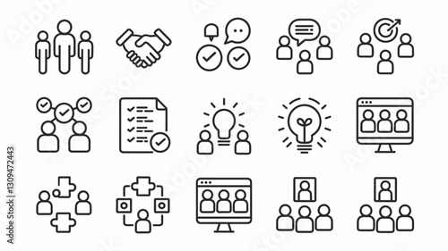 Vector Icon Set for Business Communication, Team Collaboration, Networking, and Project Management – High-Quality Line Art Graphics for Professionals