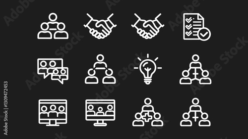 Business Collaboration Icon Set | Teamwork, Communication, Networking, Agreement, Strategy, and Leadership Vectors for Professional Use
