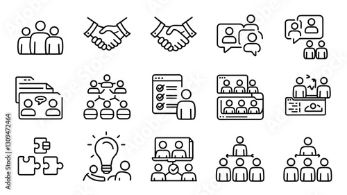 Vector Icon Set for Business Collaboration, Teamwork, Communication, and Networking - Handshake, Meetings, Group Discussion, and More
