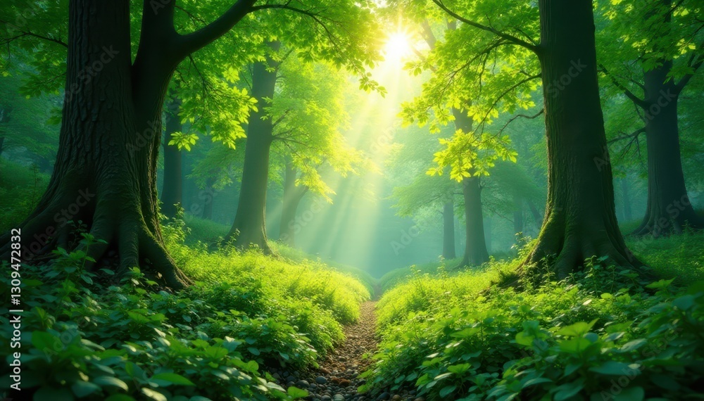 Obraz premium Lush green forest with vibrant foliage, sunlight dappling through leaves, beautiful, vibrant, sunlight