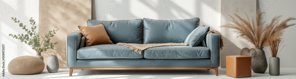 Fototapeta premium elegant light blue sofa with neutral pillows and throw in a modern living room