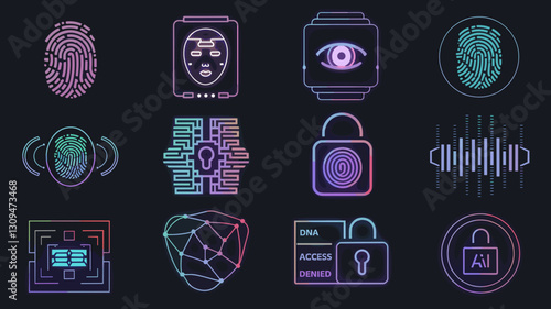 Vector Icon Set for Cybersecurity, Biometric Authentication, Artificial Intelligence, Data Protection, Fingerprint Recognition, and Facial Recognition Technologies