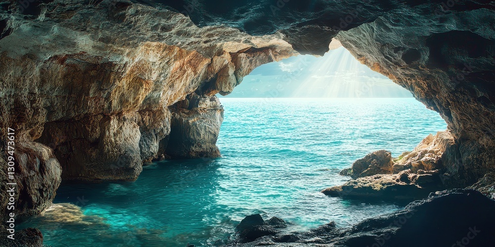 Naklejka premium Rocky sea cave opening to the ocean, light streaming in