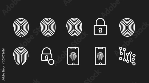 Vector Icon Set of Fingerprint Security, Lock Symbols, and Mobile Authentication for Digital Identity Protection and Cybersecurity Design
