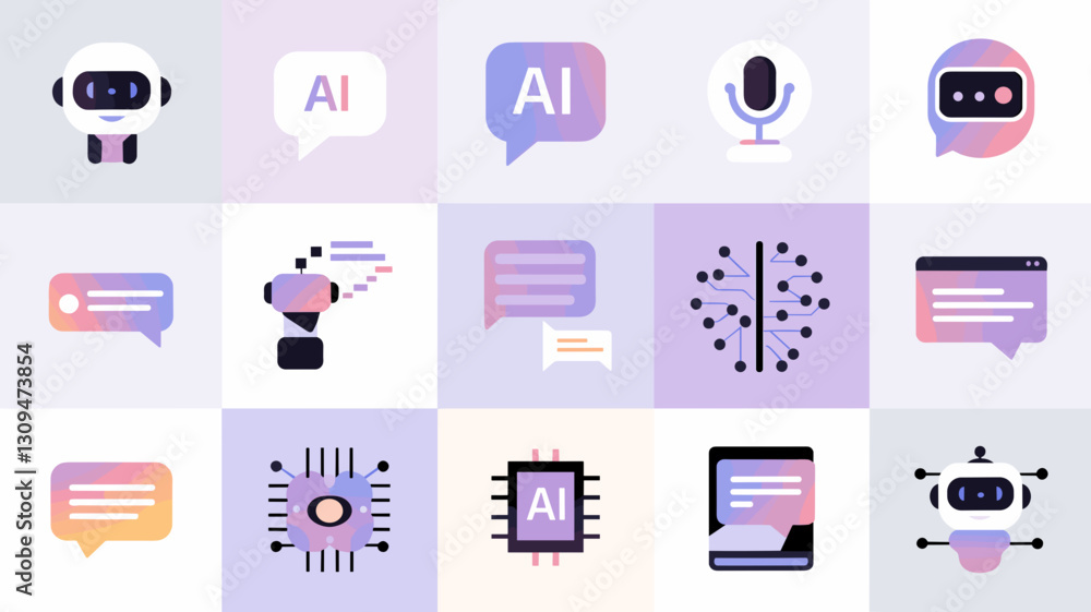 AI Icons Vector Set for Chatbots, Voice Assistants, and Machine Learning - Modern Design for Technology and Digital Communication AI Icons Vector Set for Chatbots, Voice Assistants, and Machine Learning - Modern Design for Technology and Digital Communication