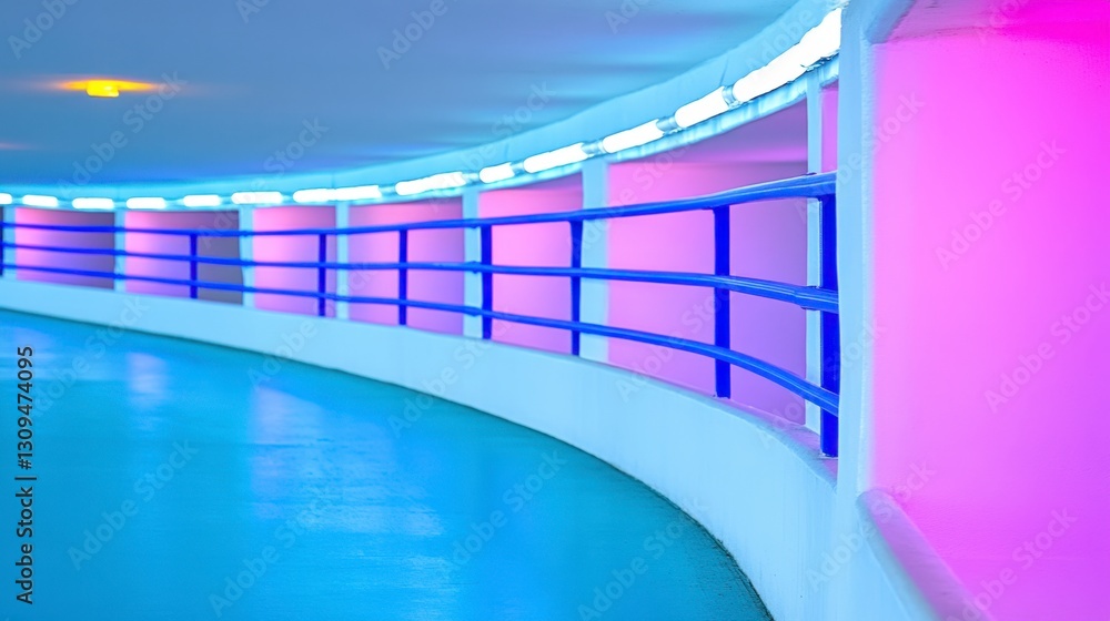 Obraz premium Abstract curved hallway with vibrant pink and blue walls, illuminated by artificial lighting. Smooth, reflective floor, metallic blue railings. Modern architecture.