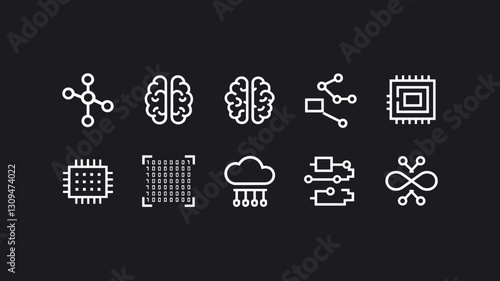 AI and Technology Vector Icon Set for Data Science, Deep Learning, Neural Networks, Cloud Computing, and Machine Learning Graphics