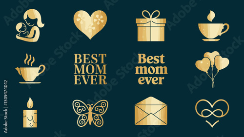 Vector Icon Set for Mother's Day: Gold Heart, Cup, Gift, Balloon, Butterfly, and Candle Design for Celebrating Moms and Special Occasions