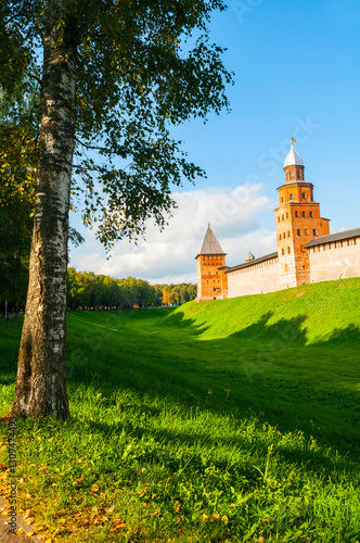 Veliky Novgorod Kremlin Assumption and Kokui towers in Veliky Novgorod, Russia, travel summer view of Veliky Novgorod photo