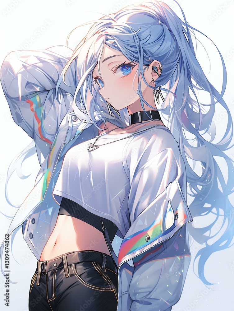 Dynamic Anime Character with Blue Hair and Colorful Attire Dynamic Anime Character with Blue Hair and Colorful Attire